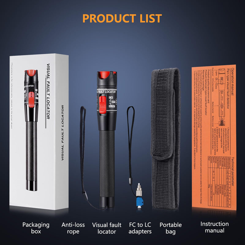 Visual Fault Locator 50KM - VFL Fiber Optic Tester Kit with Universal 2.5mm Connector, Includes FC to LC Adapter, Compatible Single Mode 9/125um & Multimode, Fiber Light & Laser for CATV Telecom