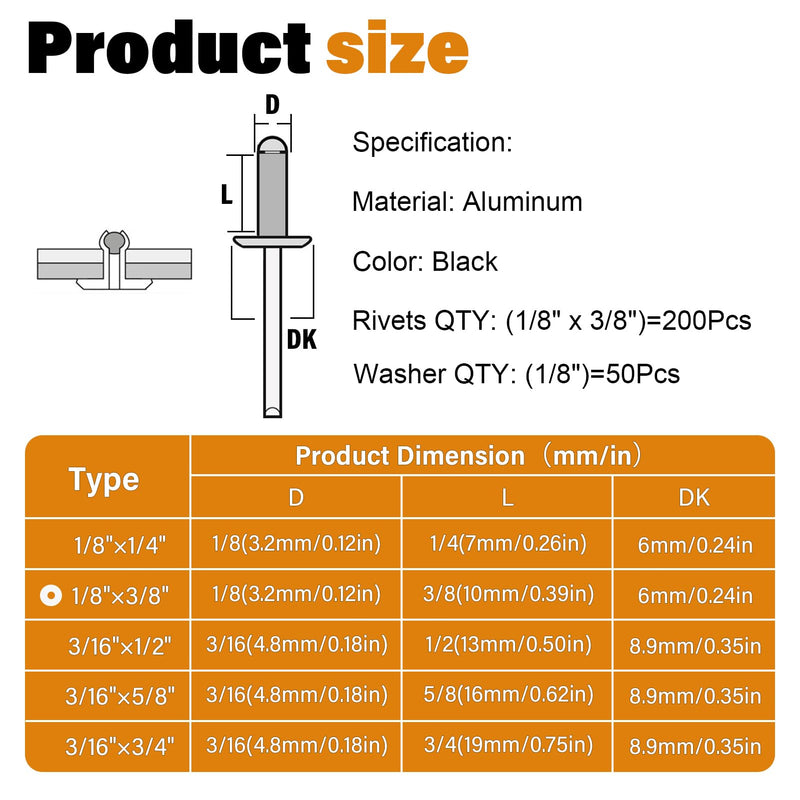 [Australia - AusPower] - 250pcs 1/8" x 3/8" Black Aluminum Pop Rivets with Stainless Steel Washers 3.2 x 10mm Blind Rivet Assortment Kit 1/8*3/8 