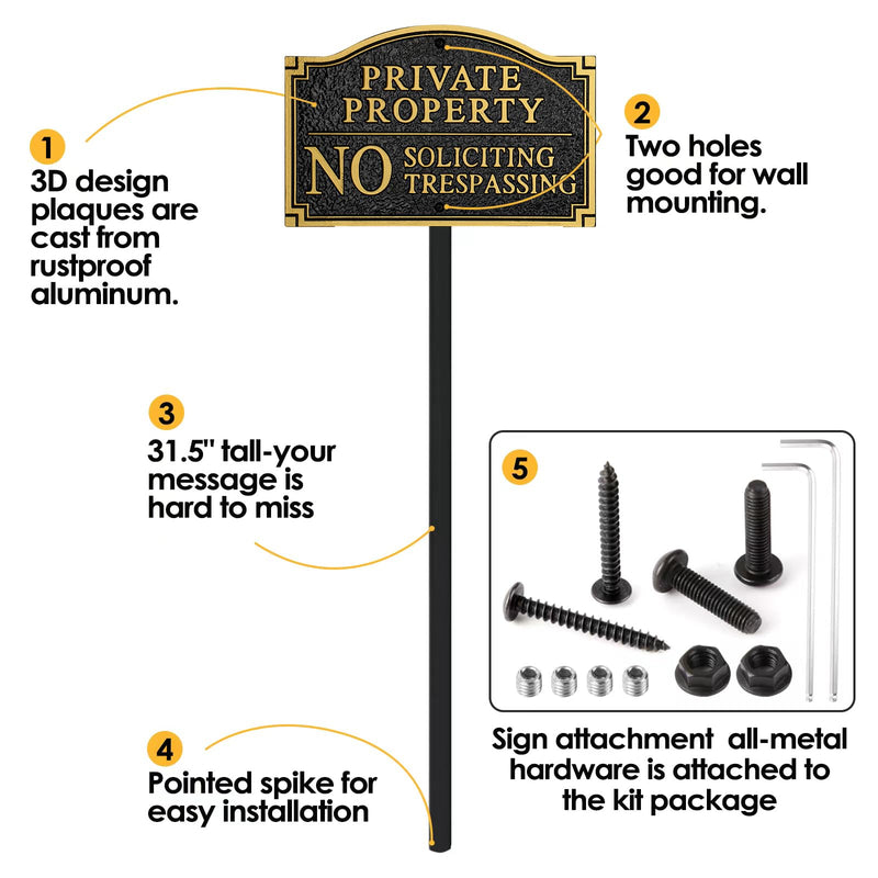 Private Property No Soliciting No Trespassing Statement Plaque,Solid Metal Cast Yard Sign, Heavy Duty Material, Embossed Letters,11.5"×7.5" with 31.5" Stakes and Upgraded Stainless Screws