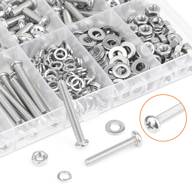 [Australia - AusPower] - 370 Pieces M4 x 6mm /8mm /12mm /16mm /20mm/25mm /30mm, Phillips Pan Head Machine Screws, Metric Screws Bolts Washers Nuts Kit, 304 Stainless Steel 