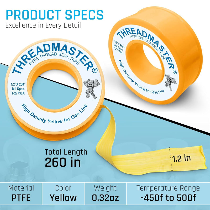TAPEWELL Yellow Gas Pipe Thread Sealant Tape - Pack of 10-260" X 1/2" Plumbers Tape - for Propane, Natural Gas and More