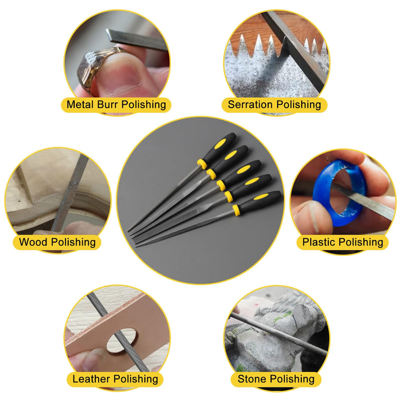 [Australia - AusPower] - Mini Metal Needle File Set, 5pcs, Small Hand Files Set for Detail and Precise Work, Hardened Alloy Strength Steel File Tools Includes Round, Bi Half-Round, Flat, Square, Triangular File 