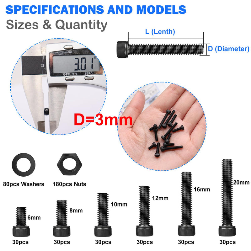 [Australia - AusPower] - mxuteuk M3 Screw Kit,M3 Screws Suitable for 3D Printer,12.9 Grade Alloy Steel M3 Bolts,M3 x 6/8/10/12/16/20mm Hex Socket Head Cap Screws Bolts Nuts Kit(440PCS) 