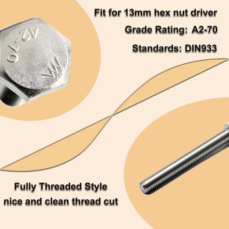[Australia - AusPower] - 15Pcs M8 Hex Bolts M8x50mm Hex Head Bolts Stainless Steel 304 M8-1.25 Hex Bolt Fully Threaded Hex Tap Bolts Metric Hexagon Head Screw Machine Bolts Right Hand External Hex Drive M8*50mm 