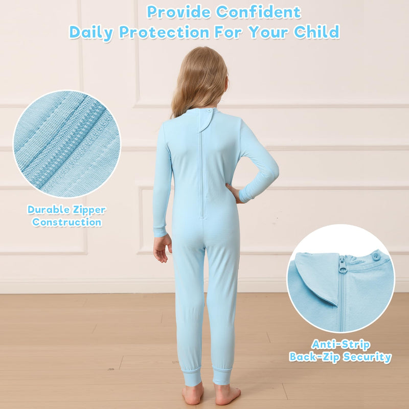 Adaptive Clothing for Special Needs Kids - Anti-Strip Zip Back Jumpsuit for Autism, Long Sleeve & Leg Blue 3-4