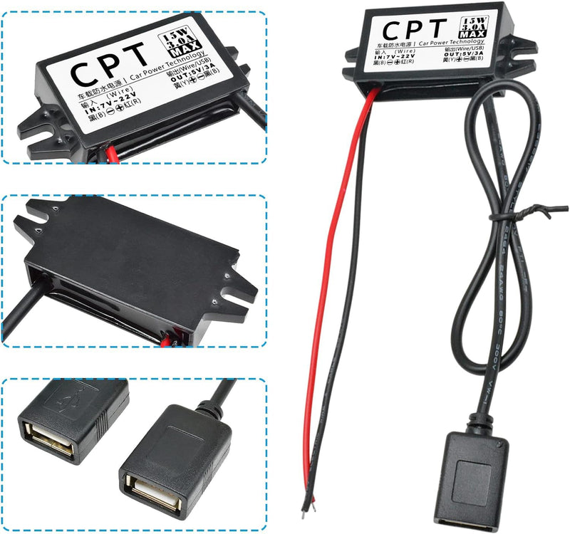 Heemol 12V to USB, 12V to 5V USB Adapter, 3A 15W DC Buck Converter Module DC to DC Car Power Converter Adapter Single USB