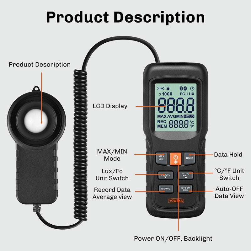 [Australia - AusPower] - YW-552 Digital Illuminance Light Meter, Split Sensor Lux/Foot Candles Meter 0–200,000 Lux, Data Record, Max/Min Mode, for Plants, Photography & Workspaces 