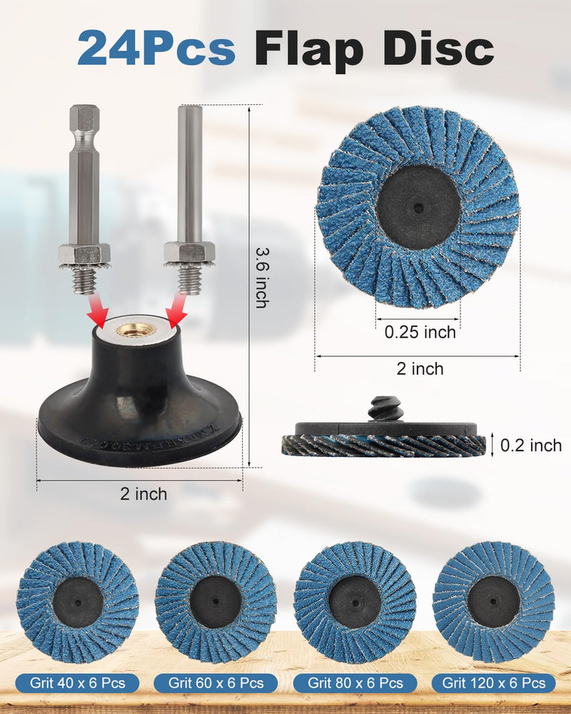 [Australia - AusPower] - 24 Pcs Die Grinder Sanding Disc, 2 Inch Flap Disc 40 60 80 120Grit, Flat Flap Discs Roll Lock Sander Discs with 1/4 Inch Holder for Angle Grinder Rust Removal 24 Pcs 