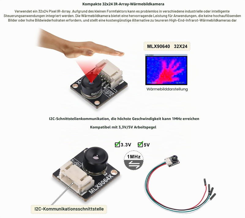 Thermal Camera MLX90640-D110 IR Array Thermal Imaging Camera, I2C Interface, 32 x 24 Pixels, Infrared Array, 110 Degree Field of View Thermal Imaging Camera MLX90640-D110