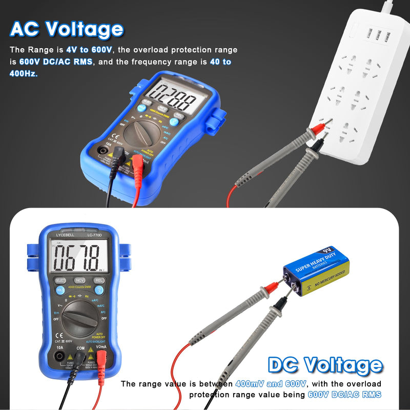 [Australia - AusPower] - Digital Multimeter Tester 4000 Counts, AC DC Volt Ohm Amp Meter Auto Ranging Circuit Electrical Tester Tools Test Voltage, Current, Resistance, Diodes, Batteries Automotive Multimeter Kit 