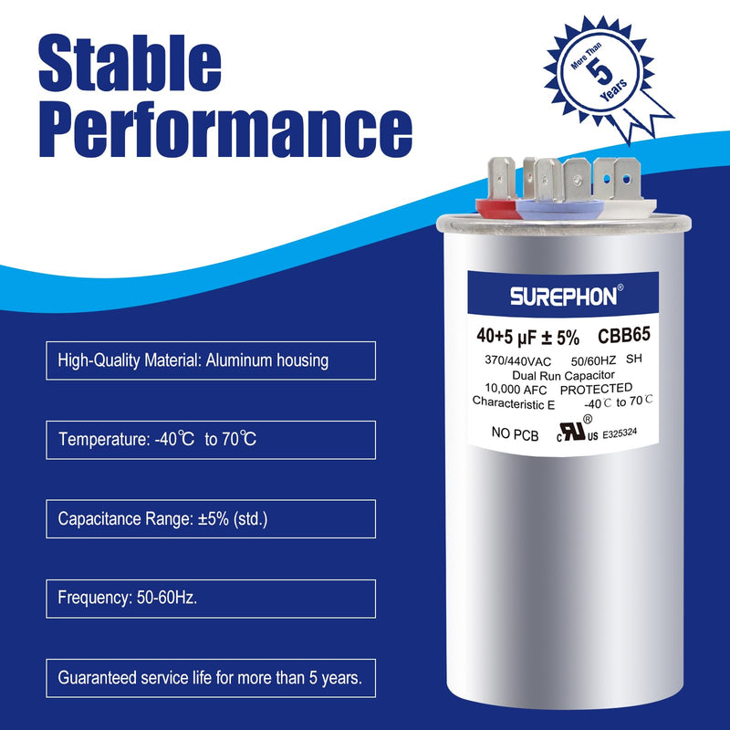 [Australia - AusPower] - 40+5 MFD 370V or 440V Dual Run Start ac Capacitor for ac CBB65r CBB65b AC Capacitor for Motor Start or Heat Pump, Condenser, Pool Pump B40+5MFD 
