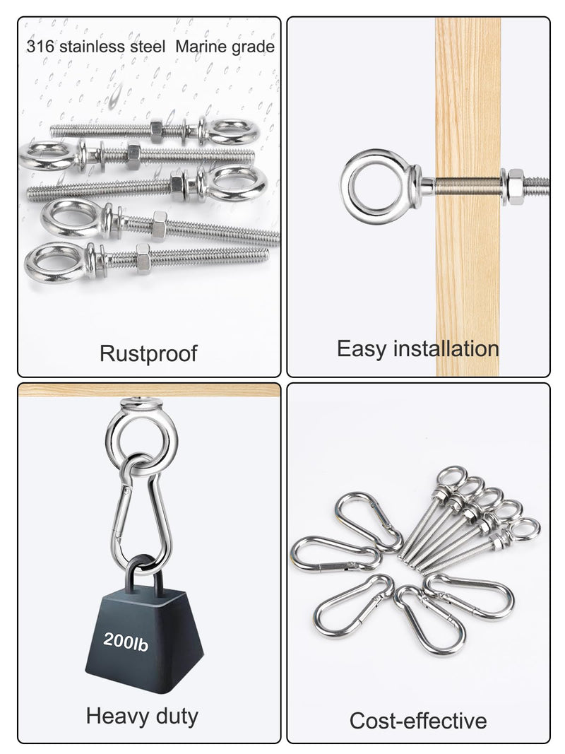 [Australia - AusPower] - 5 Pack M6 Eye Bolt, Eye Bolts with Nuts & Washers & Carabiners, 316 Stainless Steel Eye Bolt Heavy Duty, Marine Grade Threaded Eyebolts. 