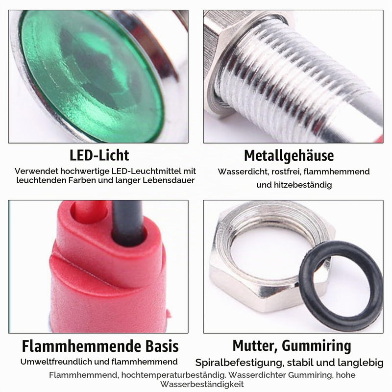 Joycabin 10pcs 10mm LED Indicator Lights AC/DC 12-24V Metal | Waterproof 10 mm LED indicator lights with 15 cm cable, suitable for car, motorcycle, boat, van and DIY projects (5 colors) Red/Green/Yellow/White/Blue