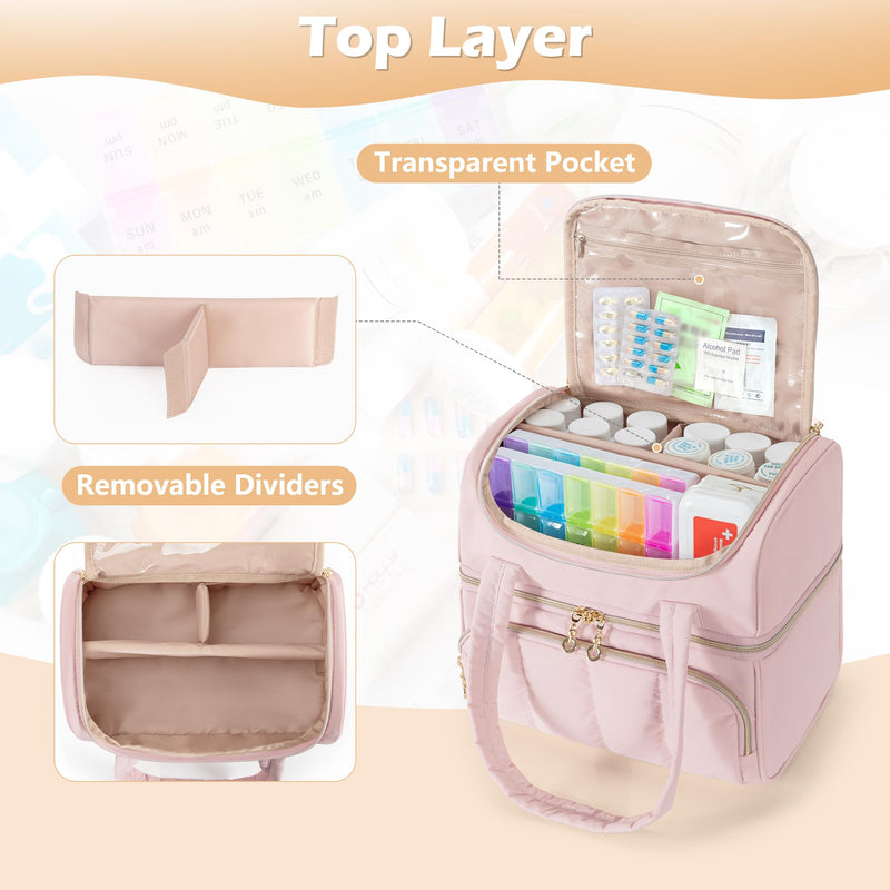 Damero Double Layer Travel First Aid Kit Bag, Medical Bag, Pink | Portable with Removable Dividers for Medicine Bottle, Vitamins, Medical Supplies (Bag Only)