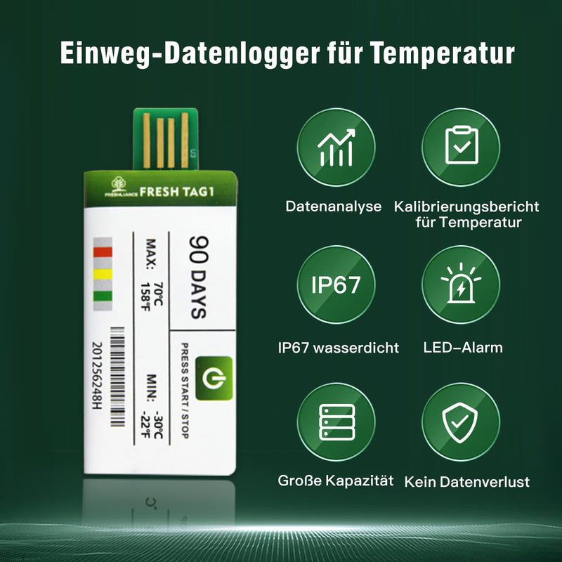 [Australia - AusPower] - Freshliance USB Temperature Data Logger with 30,000 Readings, Disposable Temperature Pen with PDF CSV Reports, High Accuracy 90 Days, 1 Pack Unique Cool Chain, Fresh Tag 1 