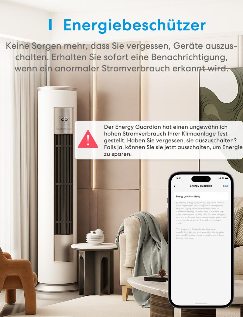 Meross Matte WiFi Socket with Power Consumption, Smart Socket with Electricity Meter for Balcony Power Plant, Works with Apple Home, Home Assistant, Alexa and Google Home, Voice Control, Remote Access | 16A smart socket with electricity meter for balco...