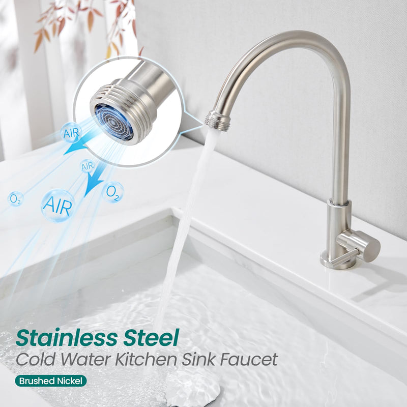 Cold Water Faucet Only – Brushed Nickel Stainless Steel Single Hole Faucets High Arc Utility Sink Faucet for Laundry, Outdoor, 3/4'' Thread End Garden Hose Adapter