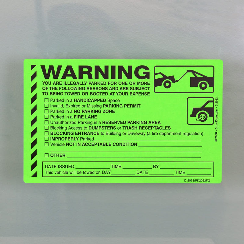 SmartSign Warning You are Illegally Parked Stickers | Book of 50 Labels with Liners, 5 x 8 inch, Tow Warning Parking Violation Sticker, Hard to Remove Write-On Tickets, Fluorescent Green