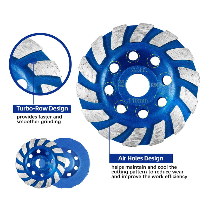 [Australia - AusPower] - SALI Diamond Concrete Grinding Wheel 4 1/2 inch for Polishing and Cleaning Stone Concrete Surface, Cement, Marble, Rock, Granite, and Thinset Removing, Angle Grinder Segment Wheels Cup 115 * 22.2MM Segment Turbo 1.0 