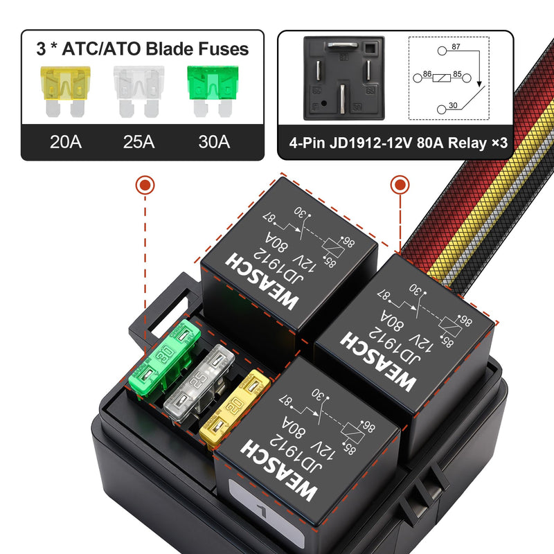 [Australia - AusPower] - 12V 3 Way Pre-Wired Fuse Relay Box, 4-Pin 80A Relay Block and Kit, 3 Relays and 3 ATC/ATO Blade Fuses, for Cars Truck Jeep 80A 3 Relay 3 Fuses 