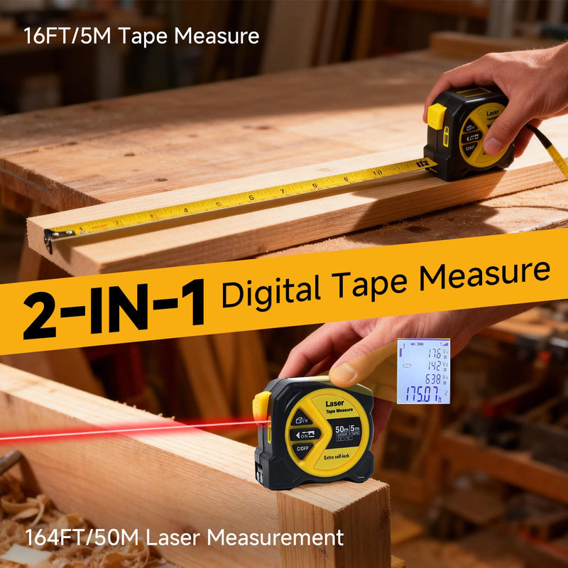 2-in-1 Digital Tape Measure with Laser, Rechargeable Laser Measuring Tool | 164Ft/50m Laser Measure & 16Ft/5m Auto-Lock Tape | w/Backlit LCD Display, Area & Volume Calc | Ft/in/M/Ft+in Units