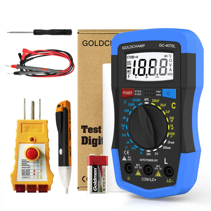 [Australia - AusPower] - Electrical Test Kit, 2000pF~200μF Capacitor Tester, Outlet Tester, Non-Contact Test Pen with Multi-Function Circuit Detection, Manual Range, Back Light, Auto Off for Electrician, DIY & HVAC 4070L-Set 
