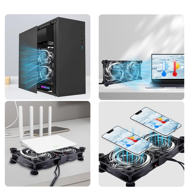 2 in 1 Quiet Dual Router Fan Cooler 120 mm with 3 Degree Speed Control (L/M/H), DC 5 V, USB Powered Cooling Case Fan for Router, Modem, Receiver, DVR, PlayStation, TV Box Dual 120mm
