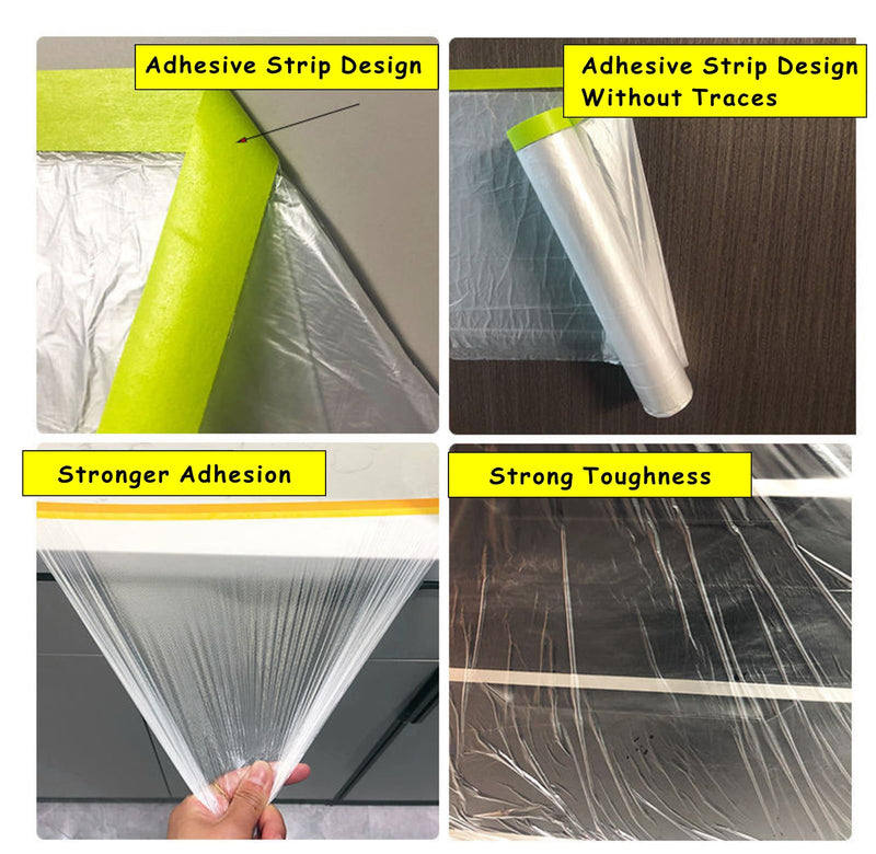 Pre-Taped Masking Film 2 Rolls 59" x 66' Automotive Painters Tape and Plastic Painting Film for Covering Cars Walls Windows and Floor Furniture Protection