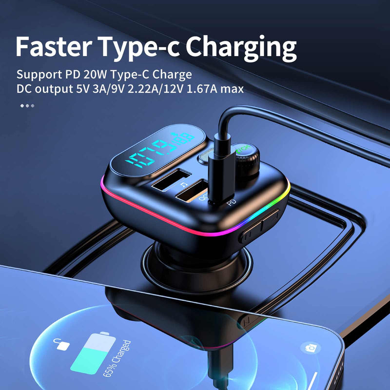 [Australia - AusPower] - Bluetooth Adapter for Car, Wireless FM Radio Transmitter, Wireless Bluetooth 5.0, MP3 Music Player, QC3.0 + PD 20W USB Car Charger, 7 Colors LED Backlit 