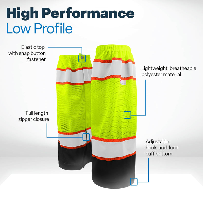 GGS Leg Gaiters - High Visibility Mesh with Reflective Tape, Lightweight Safety Gear for Hunting, Construction/Roadwork, Outdoor Projects, Universal Fit, Yellow/Green Mesh Polyester High-visibility Yellow/Green