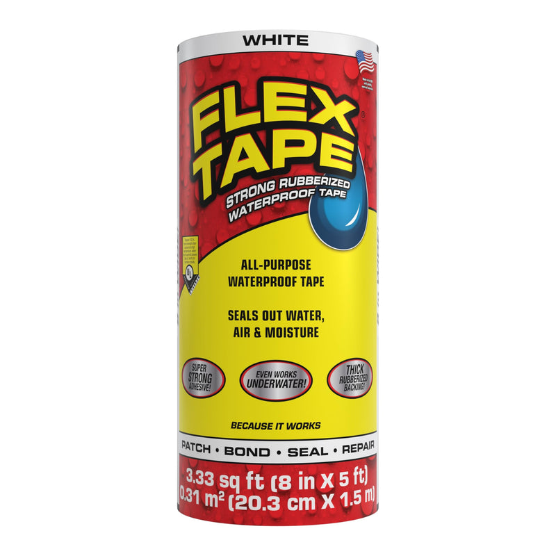 Flex Tape, Original Thick Flexible Rubberized Waterproof Tape - Seal and Patch Leaks, Works Underwater, Indoor Outdoor - Home RV Roof Plumbing and Pool Repairs, White, 8 in x 5 ft, Pack of 1