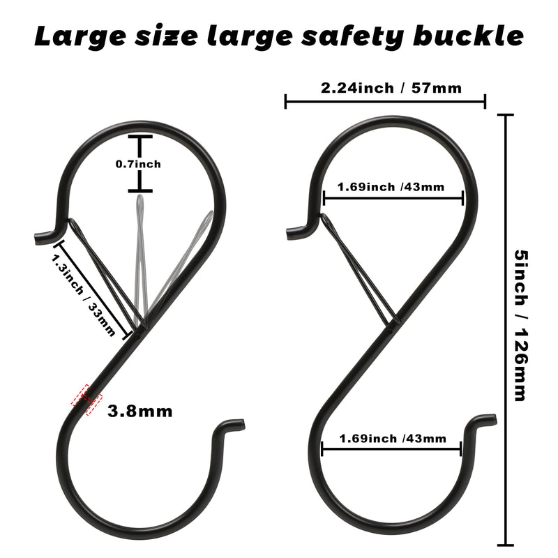 [Australia - AusPower] - 6 Pack 5 Inch S Hooks for Hanging, Heavy Duty S Hooks with Safety Buckle, S Shape Hooks for Hanging Kitchen Utensils, Pots and Pans, Cups, Plants, Clothes and Bags, Black 6 Pack 