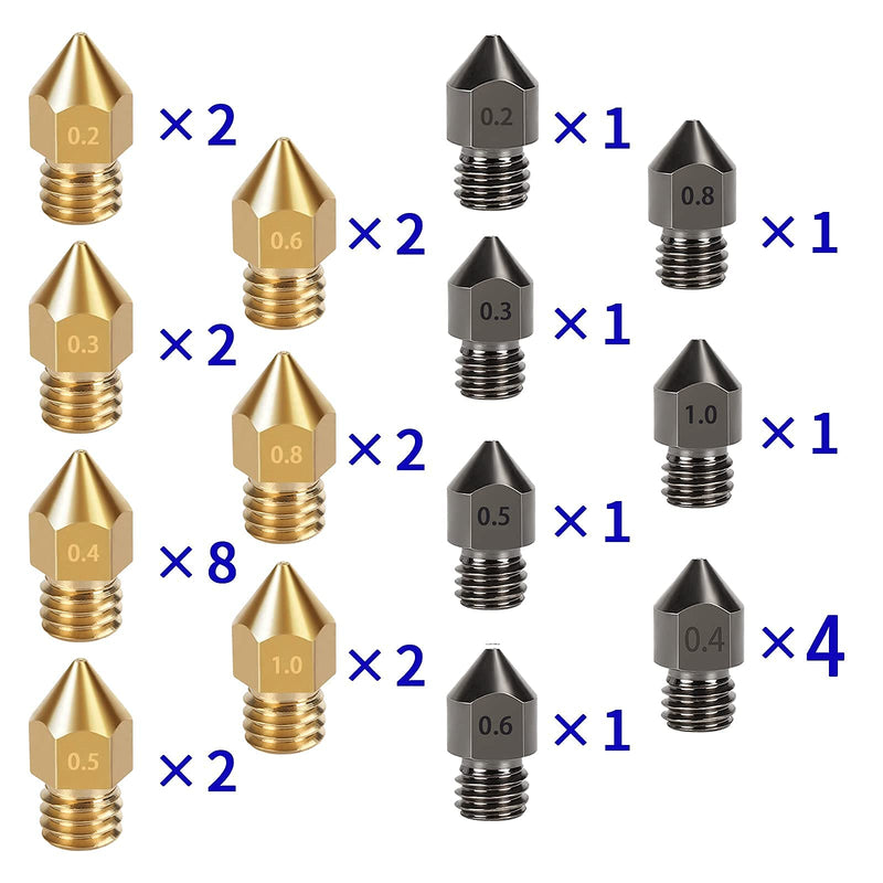 3D Printer Nozzles, 30PCS Hardened Steel and Brass MK8 Extruder Nozzles 0.2mm, 0.3mm, 0.4mm, 0.5mm, 0.6mm, 0.8mm, 1.0mm with Cleaning Tool Kit for CR-10/ Ender 3/5, Ender 3/ V2 Ender3 pro Hardened Steel + Brass