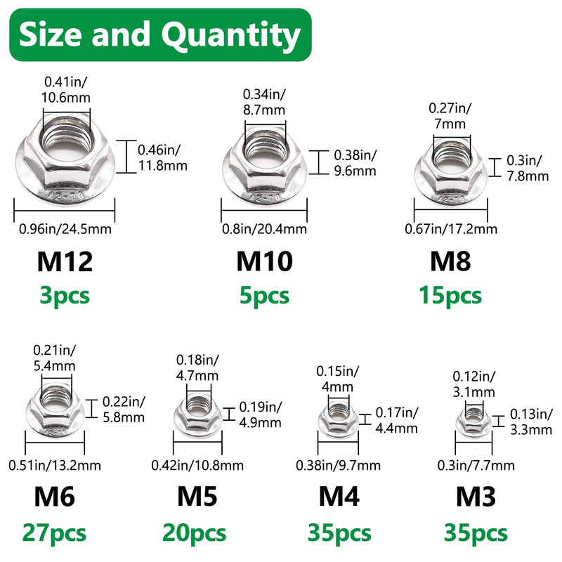 140PCS 7 Metric Sizes 304 Stainless Steel Hex Flange Nuts Assortment Kit -M3, M4, M5, M6, M8, M10, M12 M3-M12 (140PCS)