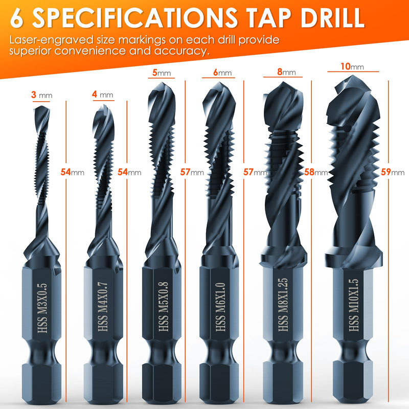[Australia - AusPower] - THINKWORK Combination Drill Tap & Tap Bit Set, 6 Pack 3-in-1 Anti-Rust Black Titanium Coated Screw Tapping Bit Tool in Metric Size M3 M4 M5 M6 M8 M10, 1/4 Hex Shank and Storage Case Tap Bit Set Metric Size 