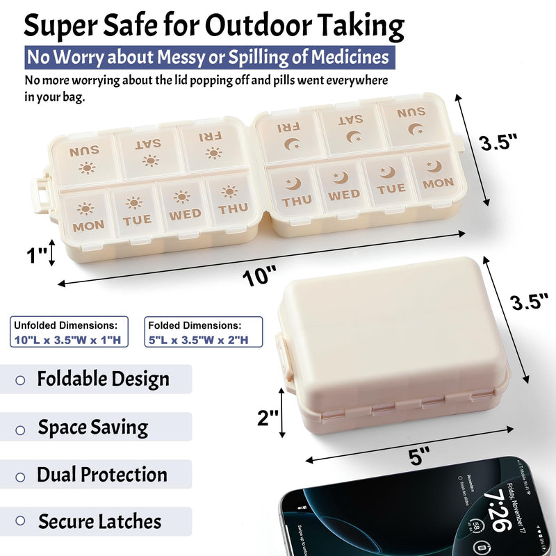 [Australia - AusPower] - NEW Foldable & Double Protection Portable Weekly Pill Organizer 2 Times A Day with Etched Labels, AM PM 7 Day Week Medicine Box, Daily Travel Pill Case Holder Dispenser for Vitamin, Supplement - Khaki 