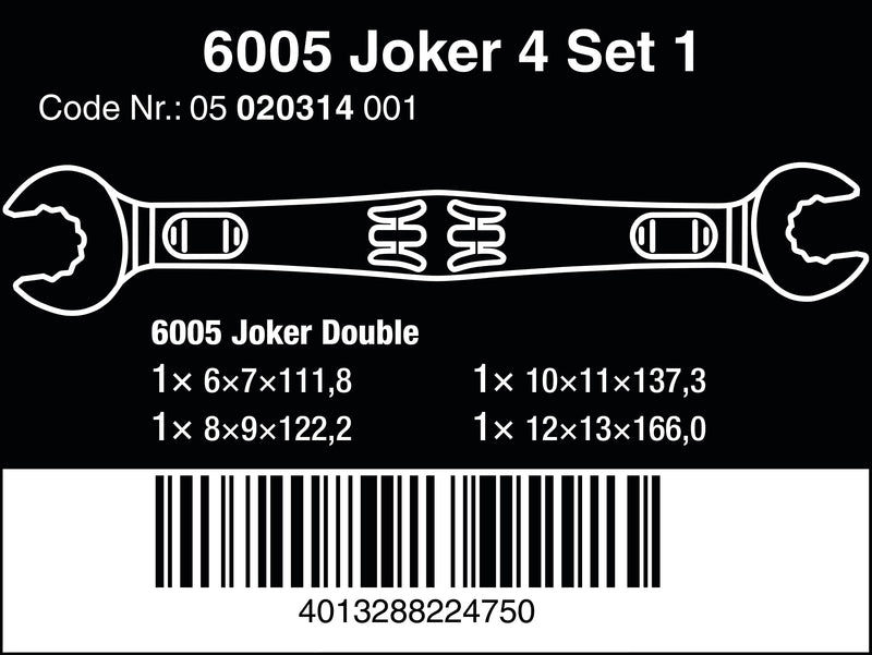 Wera - 05020314001 - Double open-ended wrench set, 6005 Joker 4 Set 1 Double open-ended wrench set, 4 pieces 4 pièces