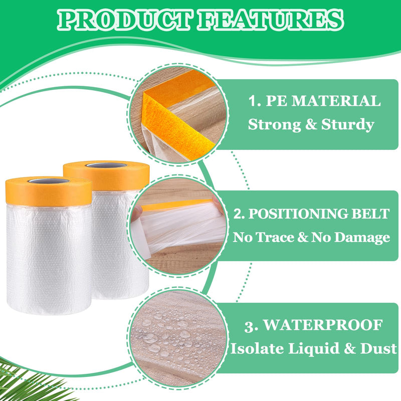 4 Pack Tape and Drape, 3 Sizes Pre-Taped Masking Film for Auto Painting Covering, 65.6 Ft/Pack Plastic Pre-Adhesived Dust Paint Protective Drop Film for Furniture, Car, Floor 3 Sizes x 65.6 Foot - 4 Rolls