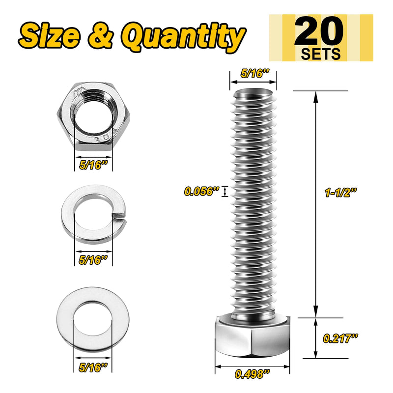 Mywish (20 Sets) 5/16-18x1-1/2 Hex Head Stainless Steel Bolts and Nuts with Flat & Lock Washers, 304 Stainless Steel 18-8, Fully Threaded, 5/16 Bolt 5/16-18 x 1-1/2 (20 set)