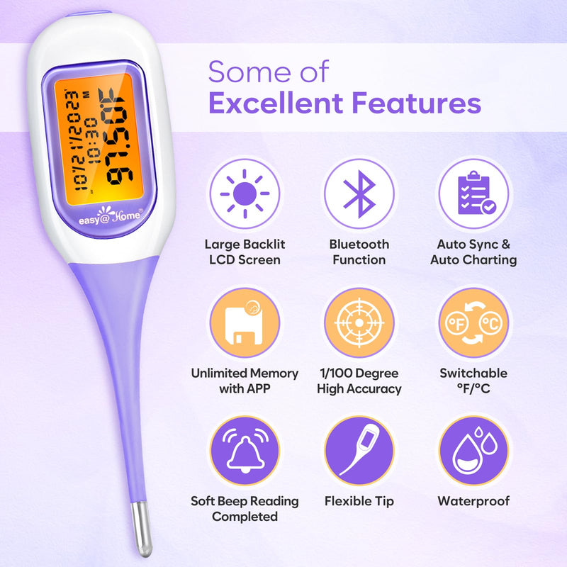 [Australia - AusPower] - Easy@Home Smart Basal Thermometer, Large Screen and Backlit, Period Tracker with Premom (iOS & Android) - Auto BBT Sync, Charting, Coverline, Accurate Fertility Prediction EBT-300 Purple 