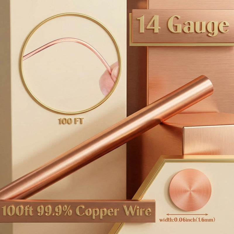 Therwen 100ft 14 Gauge Copper Wire for Gardening, Electroculture, Bonsai, Jewelry Making Beading DIY Craft Pure Bare Copper Wire Spool 14 Gauge, 100ft