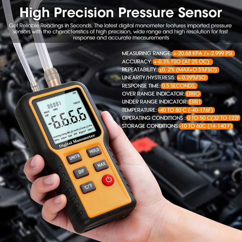 Manometer, Digital Manometer HVAC, Dual-Port Gas Pressure Tester, 12 Units Differential Pressure Gauge, Data Storage & Zeroing, Air Pressure Meter with LCD Blacklit 0.4&0.4inch