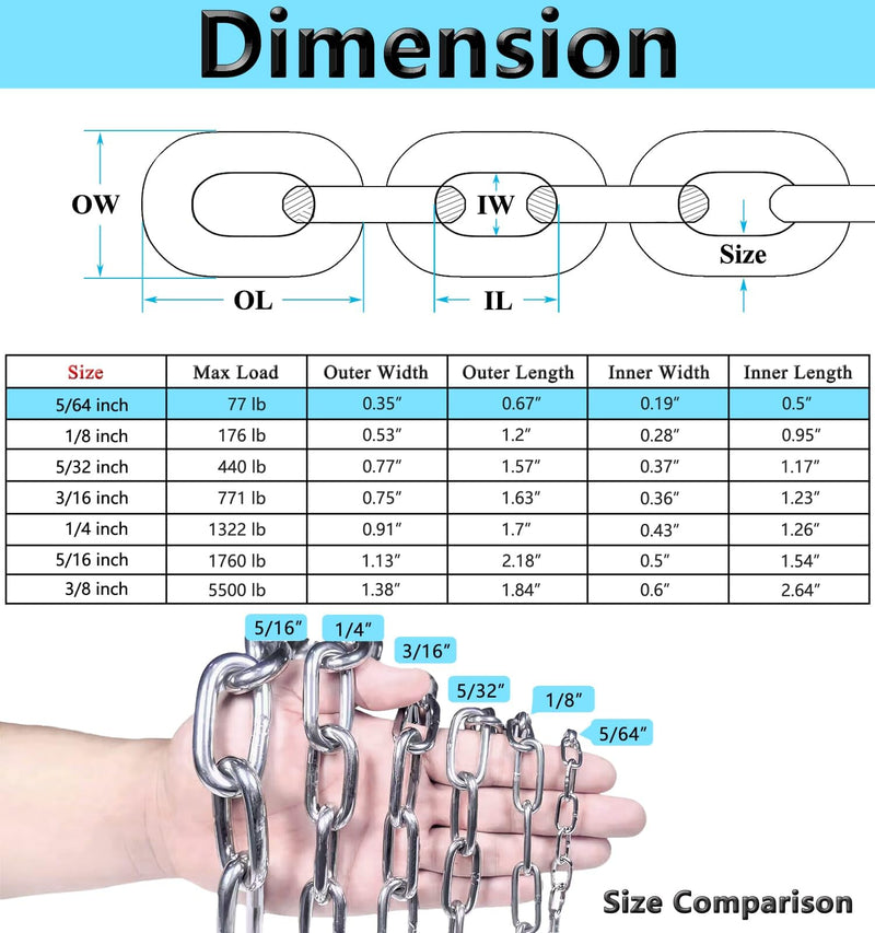 [Australia - AusPower] - Stainless Steel Chain, Lsqurel 6.5ft 13ft Metal Chain Link Chain Small 5/64in Light Duty Chain Utility Chain Jack Chain for Home Outdoor Camping Hanging etc (5/64in-6.5ft) 5/64in-6.5ft 