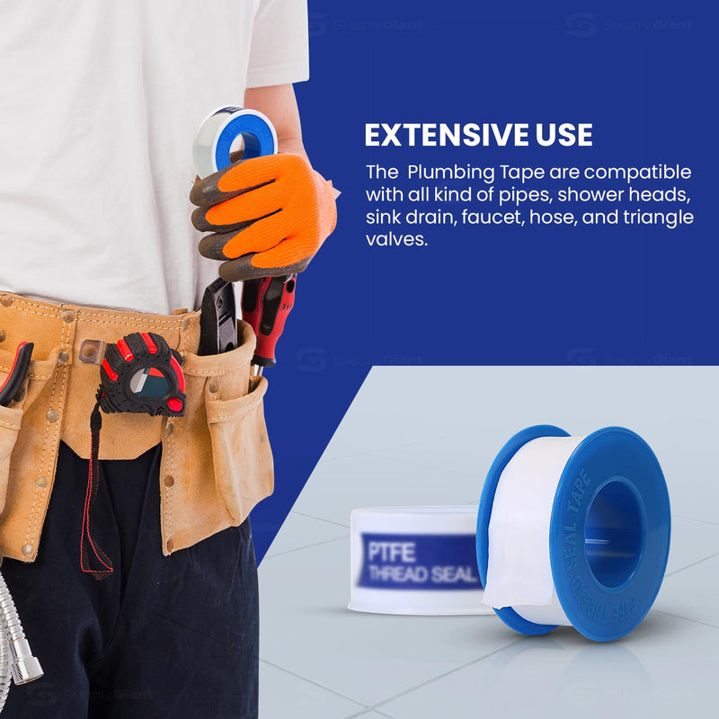 Supply Giant Plumbers PTFE Tape 3/4" W x 520" L 10 Rolls Pipe Thread Tape, High Density Thread Sealant Tape Water Seal Plumbing Tape for Shower Head, Pipes, Gas Lines, Leak Prevention 520" Pack of 10