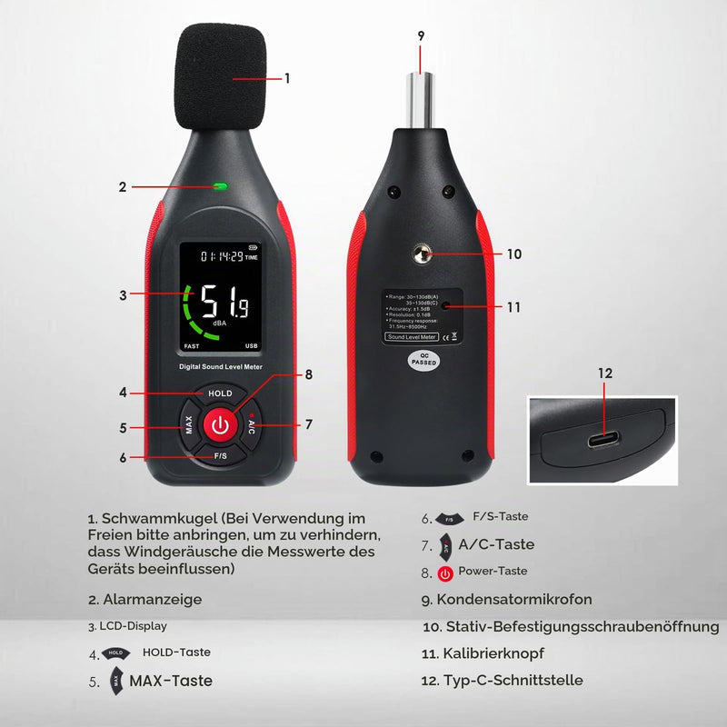 GAIN EXPRESS Decibel Meter, Decibel Meter with Data Logger, Sound Level Meter with 30-130dB Measurement, 31,000 Datasets, 3-Colour Light Alarm, Rechargeable dB Meter for Home, Classroom Lcd Screen Display