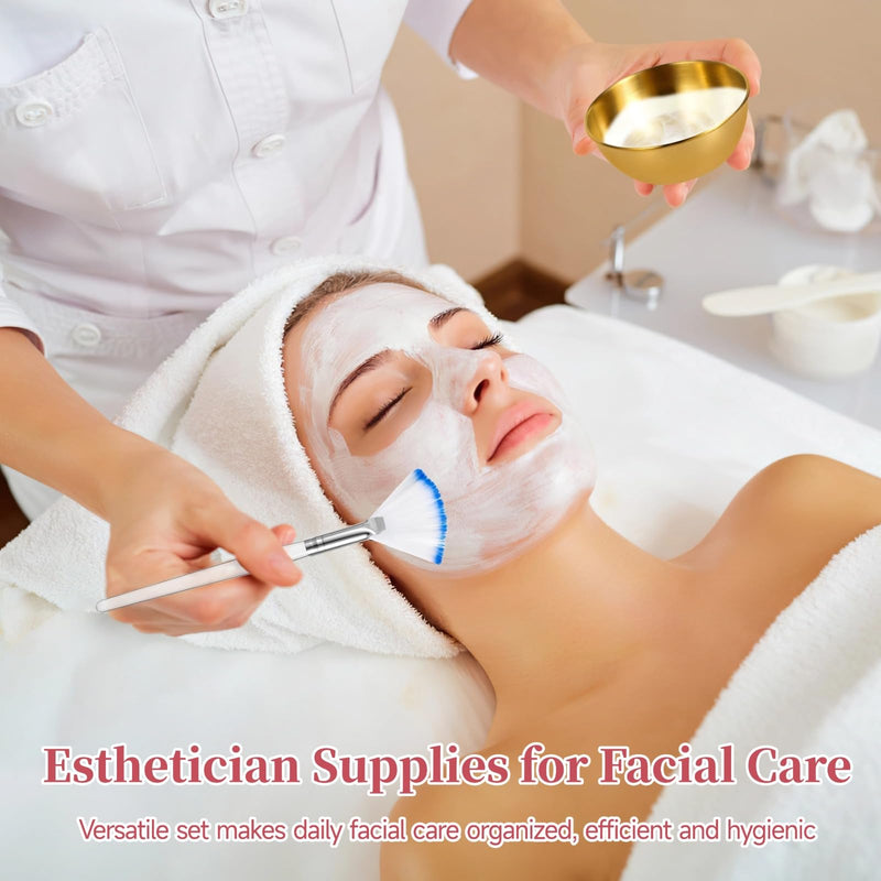 [Australia - AusPower] - 13 PCS Esthetician Supplies Set, Stainless Steel Golden Mixing Bowls Spoons, Facial Fan Brushes, Nylon Fastener Headbands, Portable Waterproof Bag for Spa Salon Travel 