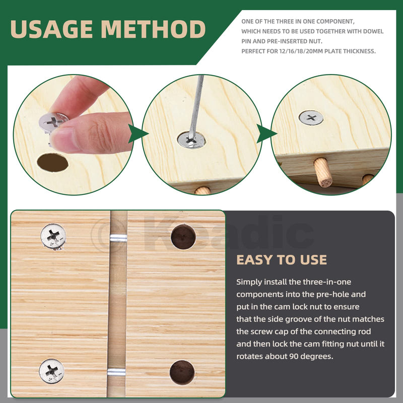 [Australia - AusPower] - Keadic 100 Pcs 4 Sizes Cam Locks for Furniture, 3-in-1 Eccentric Wheels, Furniture Cam Lock Nuts Furniture Connecting Cam Lock Fittings Assortment Kit for Wardrobe Drawer Closets Bed 