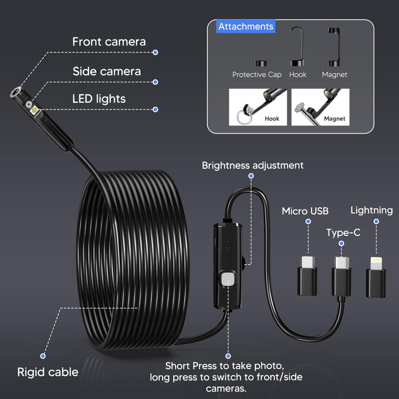 Endoscope Borescope with 8+1 Adjustable LED Lights, 11.5/16.4 FT Semi-Rigid Cable Snake Camera, IP67 Inspection Camera for Android and iOS Smartphone, Tablet (11.5 FT), Black 11.5 FT
