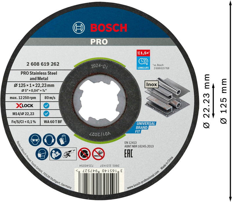 Bosch Professional 10 Pieces Straight Cutting Disc Standard (for Inox, X-LOCK, Bore Diameter : 22.23 mm, Thickness: 1 mm)., 2608619267 Ø 125 mm Pack of 10