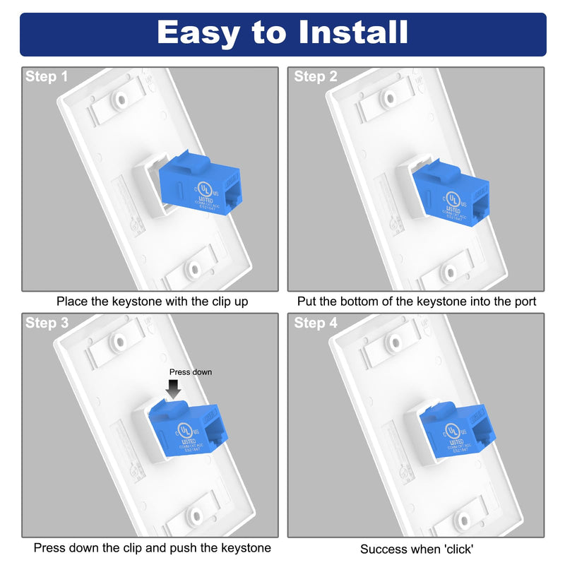 [Australia - AusPower] - VCE Ethernet Wall Plate (UL Listed), 1-Port Keystone Jack Wall Plate with RJ45 Keystone Inline Coupler insert, Female to Female Cat6 Keystone Wall Jack, Blue (2 Pack) 
